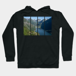 Wonderful landscapes in Norway. Vestland. Beautiful scenery of Geiranger Fjord from the Ornesvingen viewpoint. Cruise ship, winding roads, waterfall and stream Hoodie